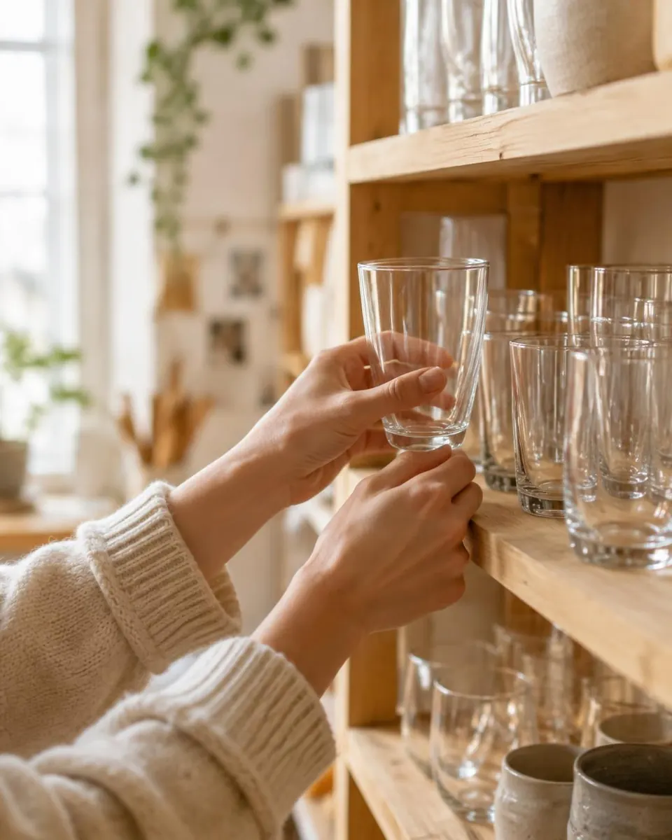 Gæst vælger et klart glas fra hylden