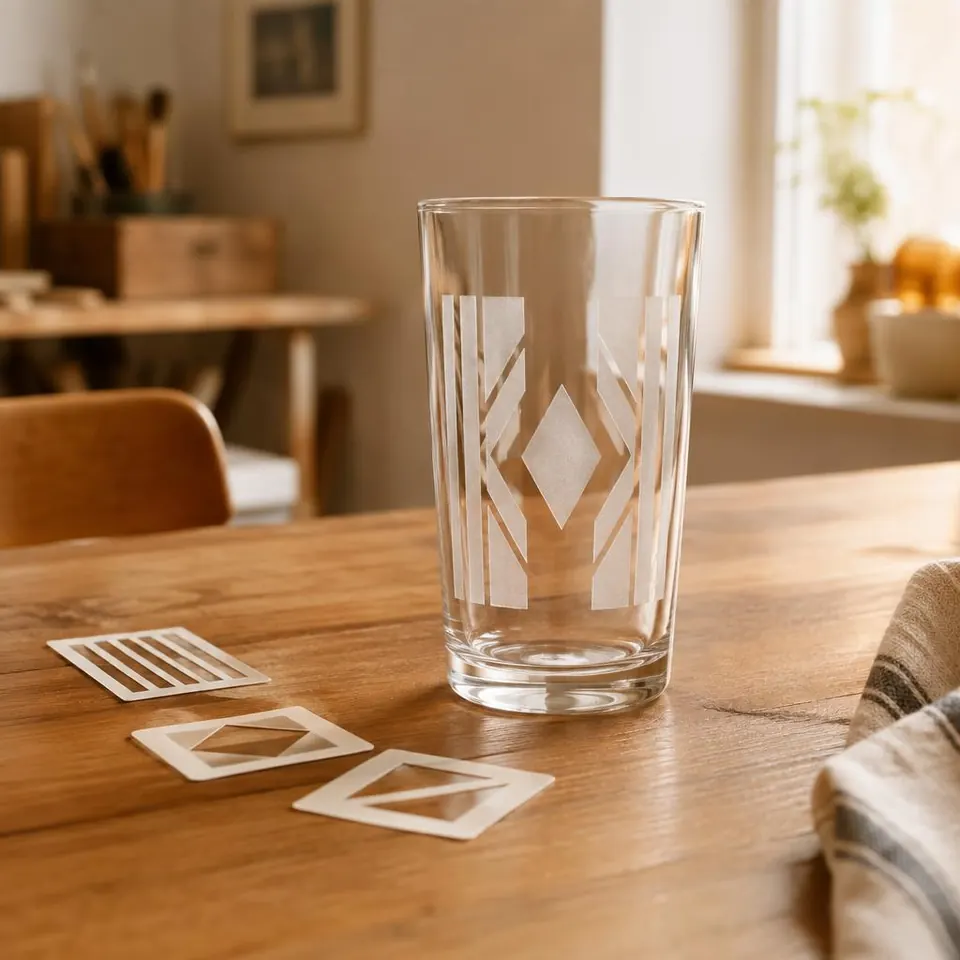 Sandblæst geometrisk mønster på et drikkeglas med skabeloner