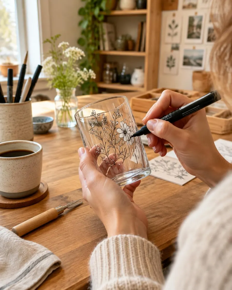 Motiv tegnes på glas før gravering ved værkstedsbordet
